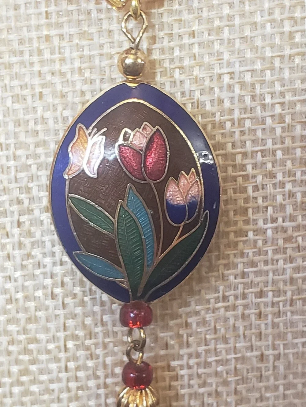 CLOISONNE PENDANT On BEADED NECKLACE Tulips & Butterfly
